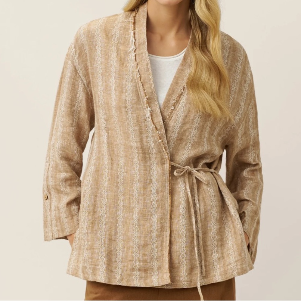 Lintico Kimono Blazer 100% Linen Tie Waist Striped Wrap Jacket GENESIS Sandstone